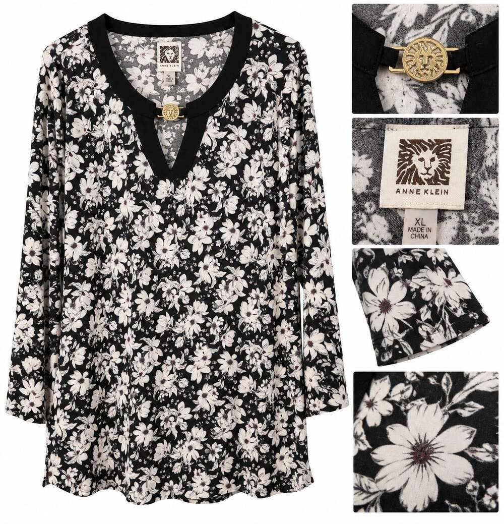 Anne Klein Floral Blouse Size XL Black White V-Neck Hardware Detail